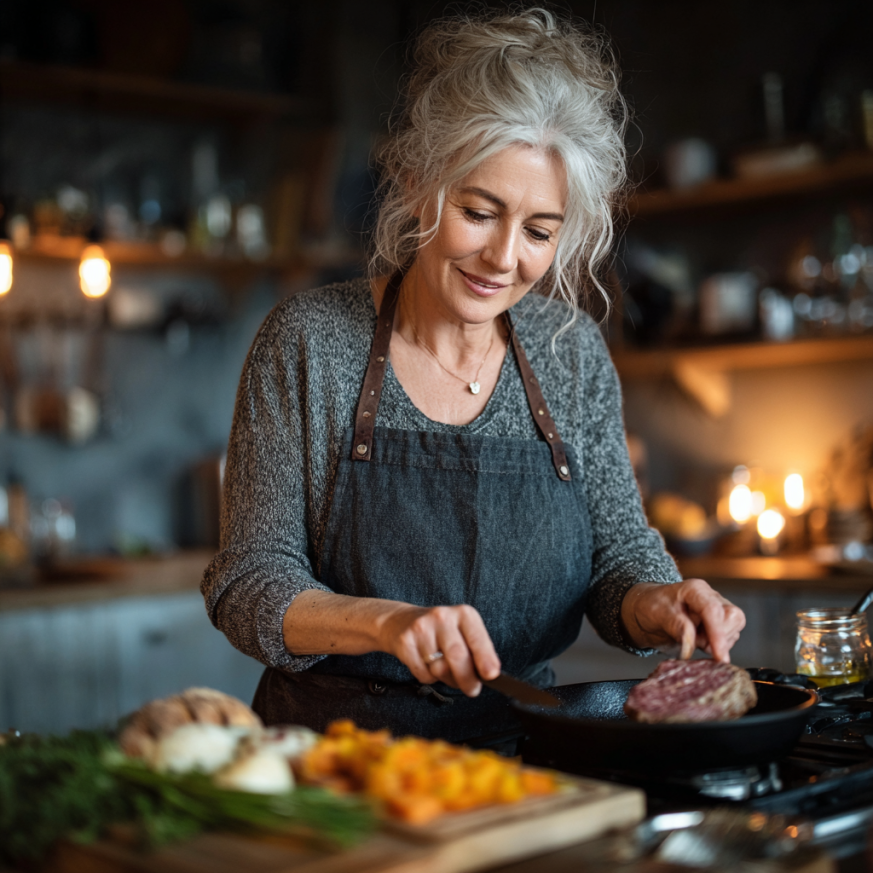 Healthy elderly woman preparing nutritious meal in modern kitchen